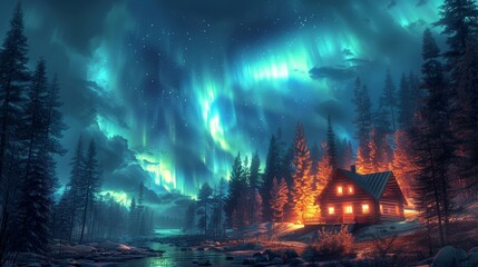 Warm and inviting log cabin is glowing in a snowy forest at night, while the aurora borealis is illuminating the sky with vibrant colors