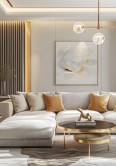 Modern Living Room Interior Design with Beige Sofa and Gold Decor