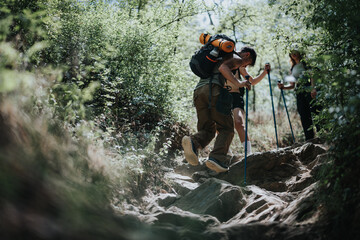 Friends hiking on a rocky trail in a sunny forest, embracing an outdoor adventure and healthy lifestyle in nature.