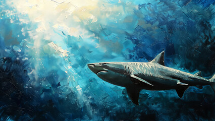 Fototapeta premium Shark Gliding Under Shining Rays