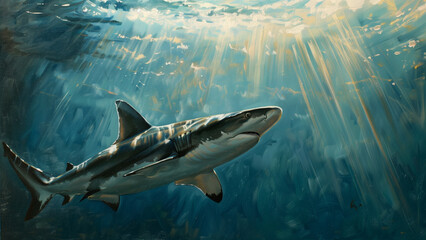Obraz premium Shark Gliding Under Shining Rays