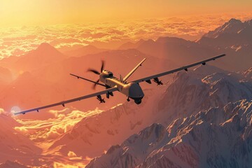 Aerial view of a plane soaring above a mountain range during the golden hour