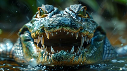 Fototapeta premium A close-up of a crocodile with its mouth open, sharp teeth and powerful jaw. A crocodile with piercing eyes in its natural habitat.