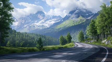 Fototapeta premium A winding road through a valley with a majestic mountain in the distance, ideal for outdoor adventure and travel stock photos