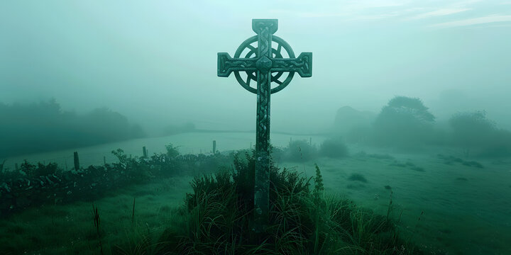 Cruz celta em uma paisagem verde envolta em neblina