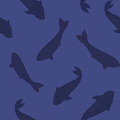 Seamless Pattern with Fishes silhouette on blue background. Hand drawn watercolor illustration. Sea wallpaper or ornament in blue colors. Undersea drawing for backdrop