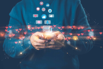 Social media and digital online concept, man using smart phone. The concept of living on vacation and playing social media. Social Distancing ,Working From Home concept. Social media concept.