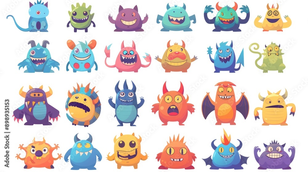 Poster Set of cartoon monsters with different facial expressions