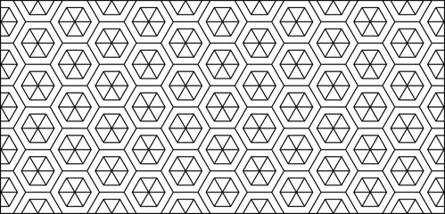 Seamless geometric pattern with diamonds, hexagons, triangles, lines. Black and white abstract background.