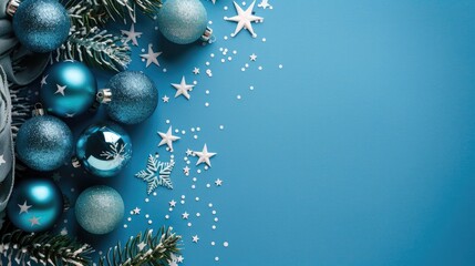 Christmas and New Year decorative arrangement with blue ornaments white stars and a Christmas tree on a blue backdrop Top down view with empty space following the trendy color theme of 2020