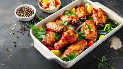 Oven-baked chicken wings with vegetables and herbs in dish