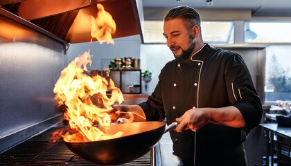 A chef is cooking on a wok with flames coming out; a chef wearing black uniform; in the kitchen; food prepping