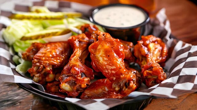 Spicy buffalo chicken wings with ranch dip and pickles on checkered paper