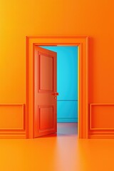 Open doorway in a bright orange room with sunshine and furniture