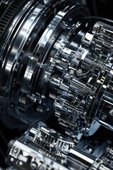 Fototapeta premium Close-up view of a machine's internal mechanisms, showing various gears and machinery components