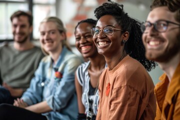 Happy Young Office Colleagues Collaborating and Smiling at Computers in Open-Plan Workspaces, Team Building and Business Success. Modern Workplace Environment.