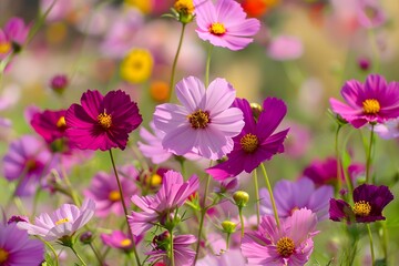 Obraz premium Close Up of Colorful Cosmos Flowers in a Field
