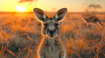 Fototapeta premium Young kangaroo is standing in the australian outback with a beautiful sunset in the background
