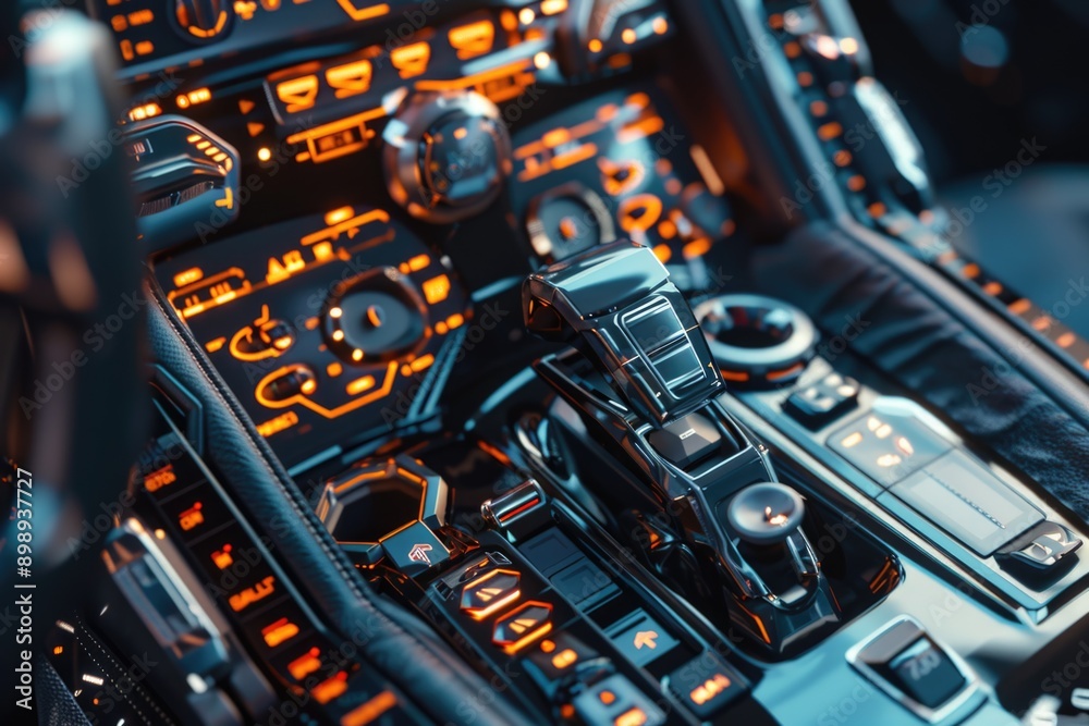 Wall mural close-up shot of a car's dashboard with various buttons and controls