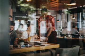 Diverse professionals collaborating in a contemporary coffee bar, discussing business ideas and working together, reflecting teamwork and innovation.