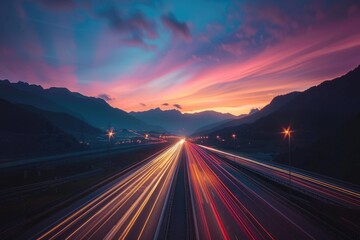 A long exposure photo of a highway at sunset with blurred traffic and vibrant colors