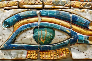 A close-up shot of an Egyptian eye on a ancient stone wall