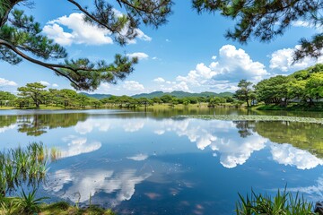 Serene lake with clear reflections of white clouds and blue sky, surrounded by lush green trees on a bright sunny day.