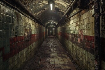 Abandoned school hallway with colorful graffiti artwork on the walls