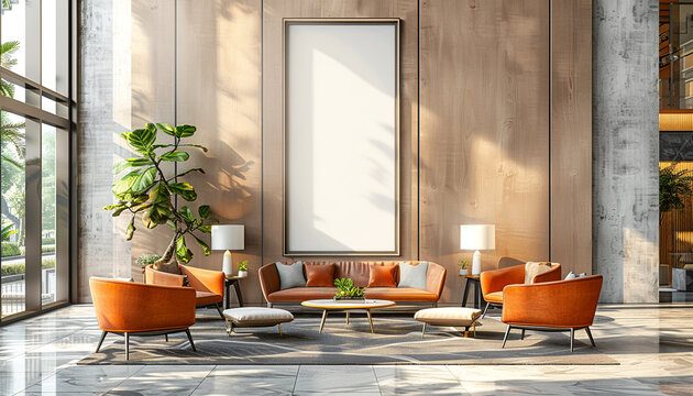 Contemporary hotel lobby cozy design with empty frame