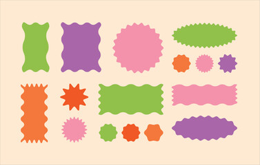 Set of circular, oval and rectangular stickers with zigzag wavy border. Vector irregular geometric shapes. Abstract elements for frame, stamp, template, promotional design, web design and social media