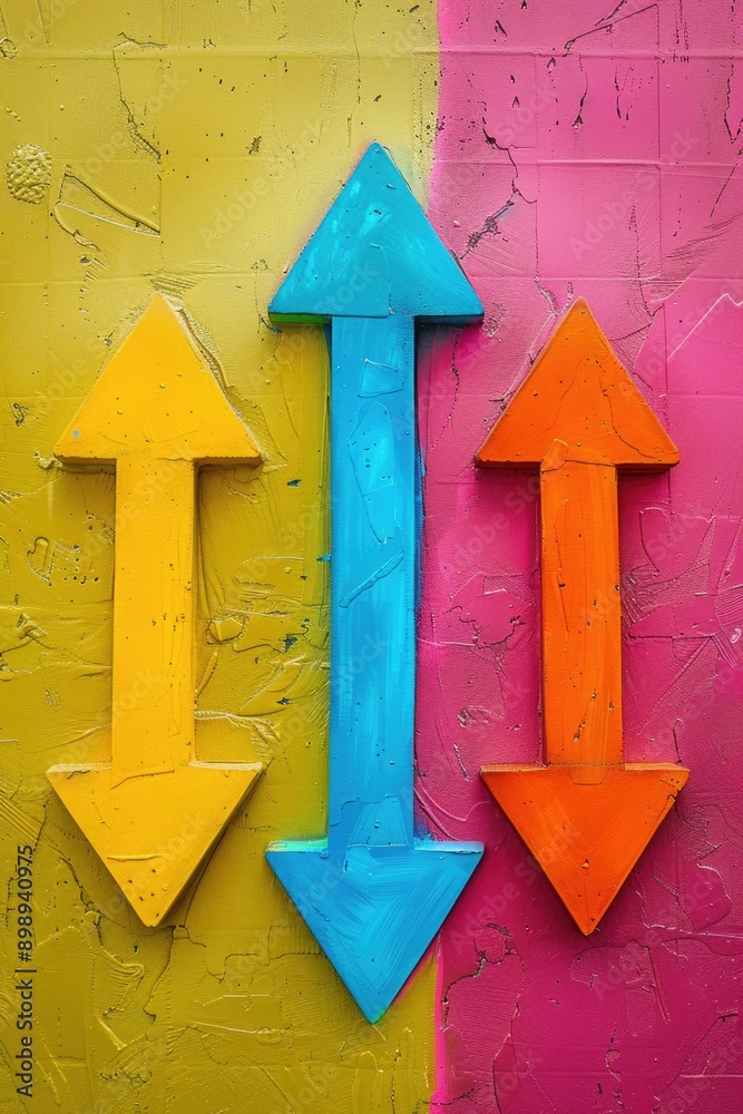 Poster two colorful arrows pointing in opposite directions, often used as a symbol for contrast, choice or 