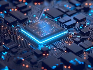 Fototapeta premium Futuristic glowing AI chip with blue neon circuits