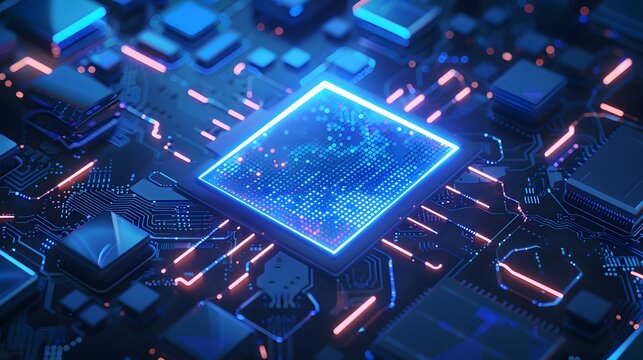 Futuristic glowing AI chip with blue neon circuits