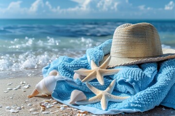 Blue towel with hat and summer beach. Summer concept