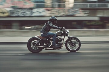 A motorcyclist rides through the city on a busy street