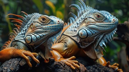 Fototapeta premium two lizards sitting on a tree branch together