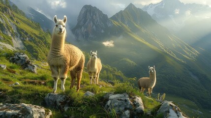 Naklejka premium three llamas standing on a mountain side with a valley in the background