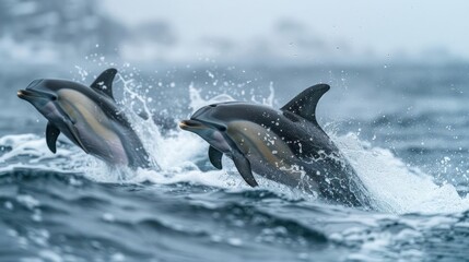 Obraz premium dolphins jumping out of the water in the ocean with their heads out