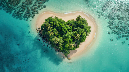 Heart-shaped tropical island lush greenery and pristine waters romantic and picturesque setting idyllic and charming escape tropical paradise serene and beautiful landscape
