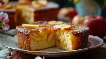 Delicious homemade apple pie on a rustic plate displayed with fresh apples and flowers. Perfect for fall desserts or cozy gatherings. Captured in a warm and inviting style. AI