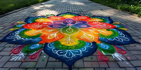 Fototapeta premium Design de rangoli colorido em uma calçada de tijolos.