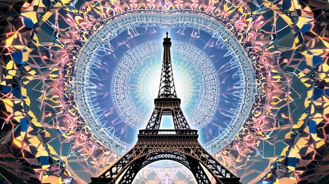 Eiffel Tower Surrounded by Neon Heart and Geometric Patterns