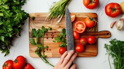 A hand slicing tomatoes on a wooden cutting board. This image is perfect for websites, blogs, or social media posts about cooking, food, and healthy living.