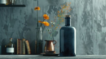 A blue glass bottle sits on top of a wooden table, ideal for still life photography or product display