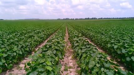 Obraz premium Vibrant green soybean field during late summer showcasing lush foliage and rows of crops. Concept of agriculture, farming, soybean cultivation, and rural scenery
