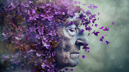 National Alzheimer's Disease Awareness Month concept educational and informative campaign visual awareness and support for Alzheimer's disease recognition and advocacy purple ribbon symbol