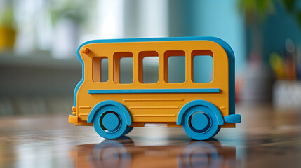 A colorful toy bus with a bright yellow body and blue accents, placed on a wooden table. The bus is captured in a well-lit room with a softly blurred background, highlighting the toy's playful design 