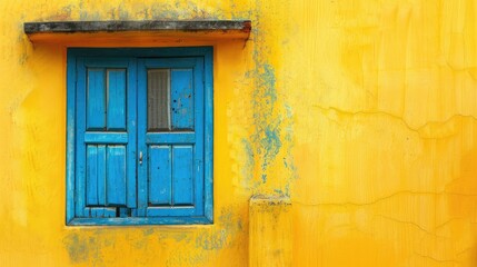 Antique blue window against yellow backdrop with text space