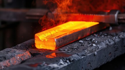 Hot metal bar glowing red hot. Perfect for illustrating concepts of manufacturing, heat, and industrial work.