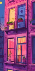 Pink Building with Balconies and Windows at Night